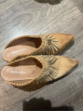Antelope Women's Tan Suede Fringe Slip-On Mules with Braided Edge
